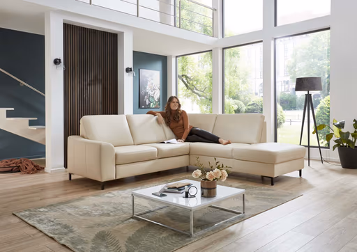 Ecksofa - 2,5-Sitzer mit Ecke rechts, Leder, Ecru