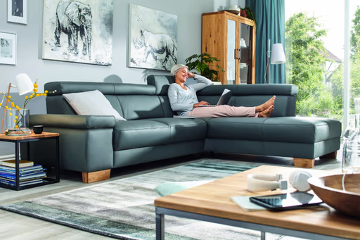 Ecksofa Philadelphia - 2,5-Sitzer mit Ecke rechts inkl. Kopfteil verstellbar, Leder, Anthrazit