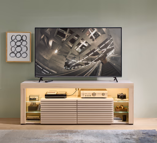 TV-Lowboard - mit Beleuchtung, B ca. 179 cm, Kaschmir, Riva Eiche Nachbildung