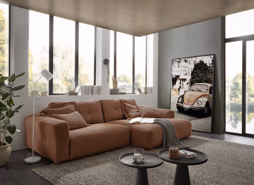 Ecksofa - 1,5-Sitzer mit Longchair rechts, Cord, Hellbraun