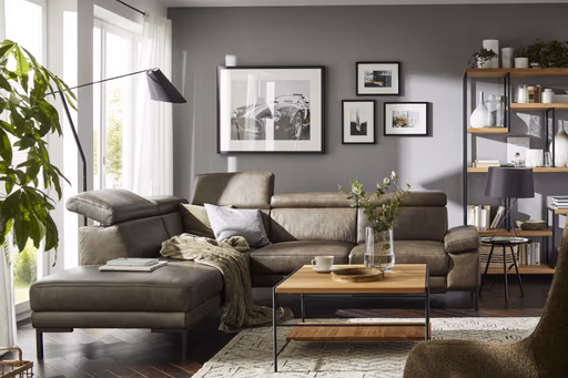 Ecksofa Hudson - Ecke links mit 2,5-Sitzer inkl. Kopfteil/Armlehne verstellbar und Sitzvorzug/Relaxfunktion (motorisch), Leder, Braungrün