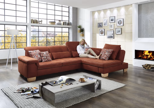 Ecksofa - 3-Sitzer mit Longchair rechts, inkl. Kopfteil/Armlehne verstellbar, Stoff, Rubin