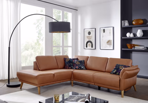 Ecksofa - Ecke links mit 2-Sitzer, Rückenlehne/Armlehne verstellbar, Stoff, Cognac