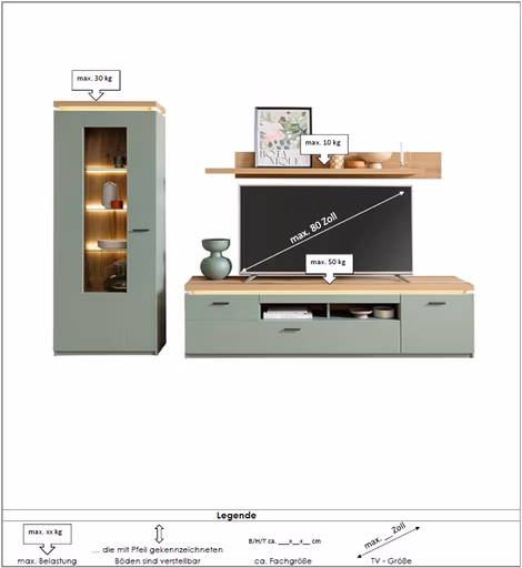 Wohnwand - mit Beleuchtung, Salbeigrün, Eiche Evoke Nachbildung