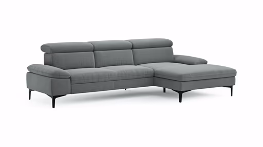 Ecksofa Felipa - 2,5-Sitzer mit Longchair rechts inkl. Kopfteil verstellbar, Stoff, Grau