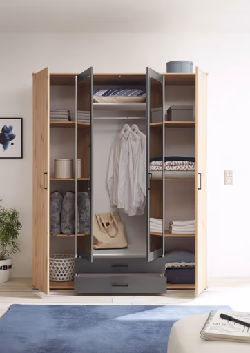 Drehtürenschrank- B ca. 160 cm, Eiche Dekor, Spiegel, Anthrazit