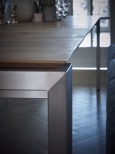 Esstisch 3400 - LB ca. 180x100 cm, ausziehbar, Asteiche massiv, 4-Fuss, Edelstahl