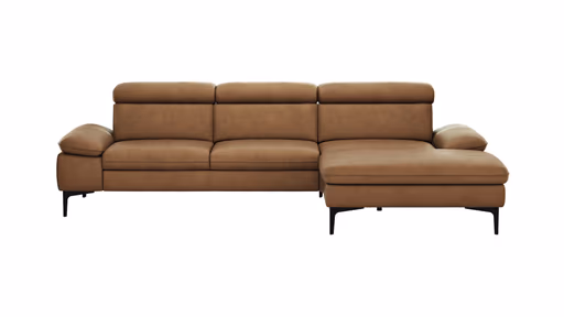 Ecksofa Felipa - 2,5-Sitzer mit Longchair rechts inkl. Kopfteil verstellbar, Leder, Cognac