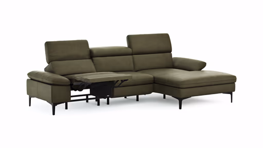 Ecksofa Felipa - 2,5-Sitzer mit Longchair rechts inkl. Armlehne verstellbar und Rückenlehne/Sitztiefe verstellbar (motorisch), Leder, Olive