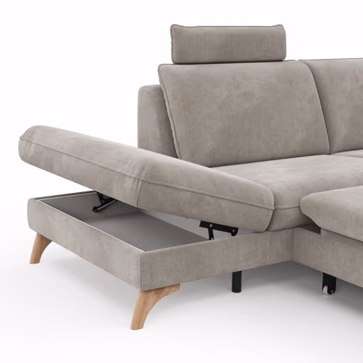 Ecksofa Tulsa KS - 1,5-Sitzer mit Anstellhocker aufklappbar links, Spitzecke und 2,5-Sitzer rechts, inkl. Kopfstütze, AL verstellbar und Schlaffunktion, Stoff, Graubeige