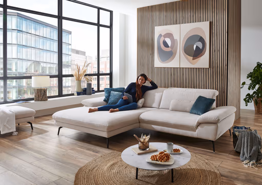  Ecksofa - Longchair links mit 1,5-Sitzer, Kopfteil verstellbar, Stoff, Ecru