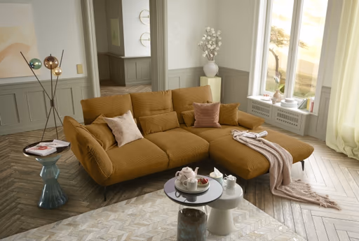 Ecksofa PAYTON - 2-Sitzer, Ecke rechts inkl. Rückenneigung, Armteilverstellung, Stoff, Senfgelb