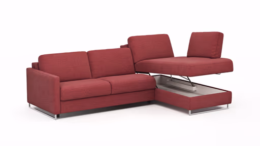 Ecksofa Nuoro - 2-Sitzer mit Longchair rechts inkl. Schlaffunktion und Bettkasten, Stoff, Rubin