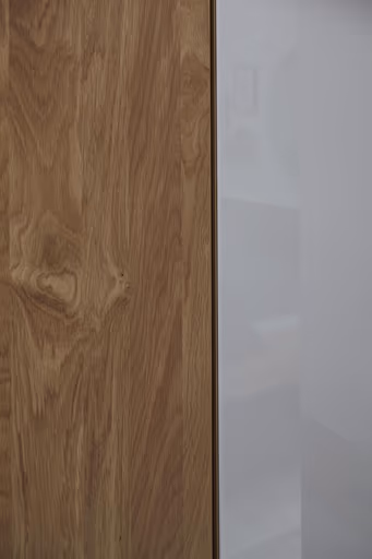 Drehtürenschrank Lenoso - B. ca. 306 cm, Eiche massiv, Glas, Champagner