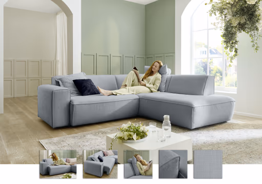 Ecksofa - 2-Sitzer mit Ecke rechts, Stoff, Eisblau