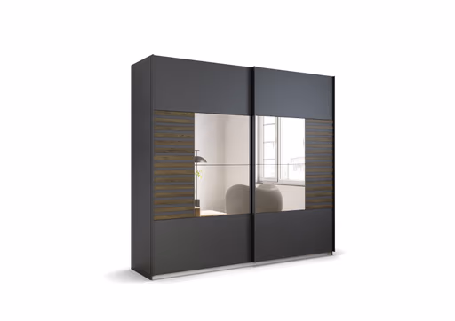 Schwebetürenschrank- B ca. 226 cm, Grau Metallic, Eiche Dunkel, Spiegel