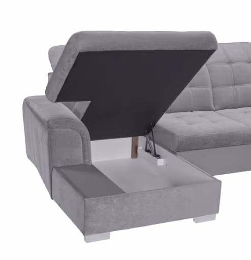 Wohnlandschaft - Longchair links, 1,5-Sitzer, Ecke rechts inkl. Schlaffunktion und Bettkasten, verstellbare Kopfstützen, Stoff, Grau