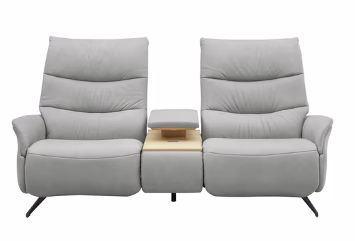 Sofa EM Lun - 2,5-Sitzer, Tisch mit Kissen, Relaxfunktion, Kopfteilverstellung, Leder, grau