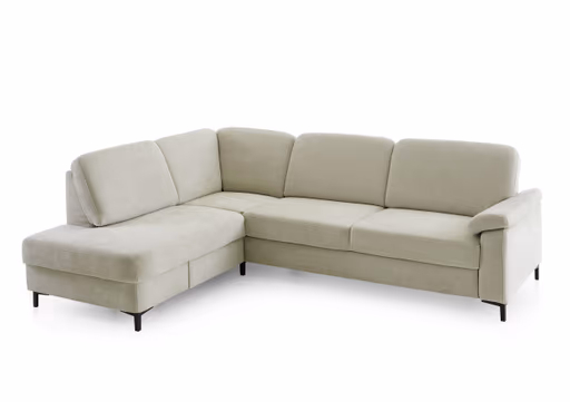 Ecksofa - Ecke links, 3-Sitzer inkl. Schlaffunktion mit Bettkasten, Premiumkopfstützen, 2 ZierkissenStoff, Beige