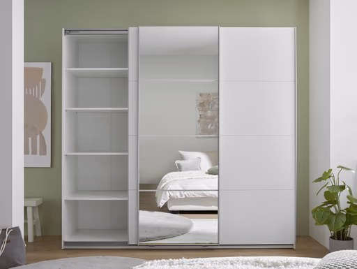 Schwebetürenschrank- B ca. 215 cm, Weiß, Spiegel