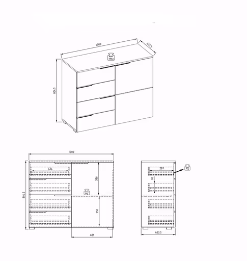Kommode - B ca. 100 cm, Weiß, Weiß Hochglanz