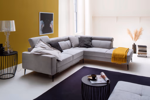 Ecksofa - 2-Sitzer mit Ecke rechts, Kopfteil verstellbar, Stoff, Silbergrau