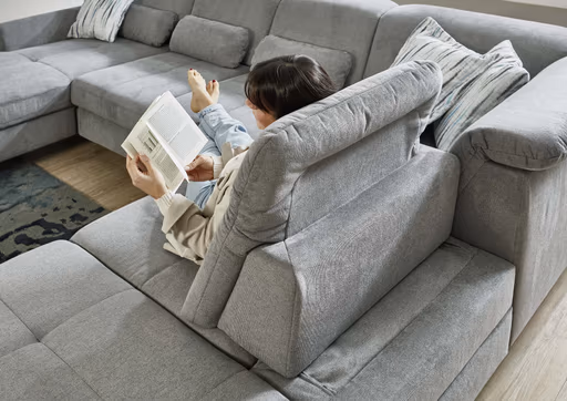 Wohnlandschaft - Longchair links mit 2,5-Sitzer und Ecke rechts, Sitztiefe verstellbar, Stoff, Grau