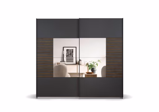 Schwebetürenschrank- B ca. 226 cm, Grau Metallic, Eiche Dunkel, Spiegel
