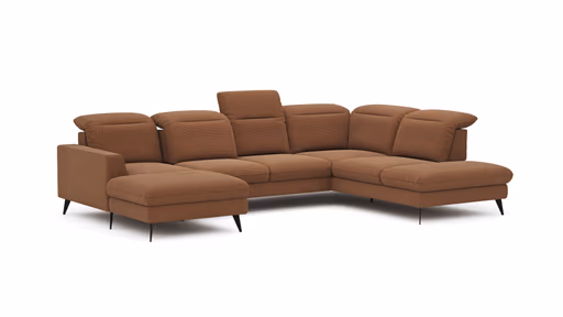 Wohnlandschaft Alegria - Longchair links mit 2,5-Sitzer und Ecke rechts inkl. Kopfteil/ Sitztiefe verstellbar, Stoff, Kurkuma