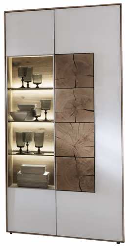 Vitrine - mit Beleuchtung, Kerneiche massiv, Mattglas, Weiß mit Hirnholzscheiben