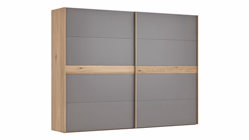 Schwebetürenschrank Viana - B ca. 301 cm, Lack, Steingrau, Riffholz, Balkeneiche