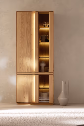 Vitrine Due Viso - inkl. Beleuchtung, BHT ca. 78x200x40 cm, Wildeiche massiv, geölt