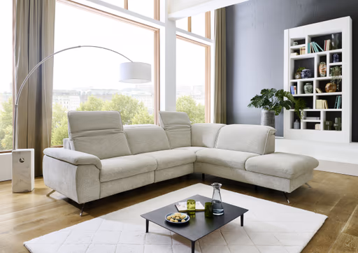 Ecksofa - 3-Sitzer mit Ecke rechts, Kopfteil verstellbar, Stoff, Natur