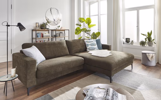 Ecksofa Oviedo - 1,5-Sitzer mit Longchair rechts, Stoff, Braungrün