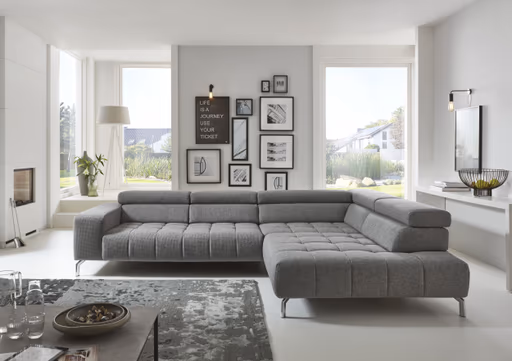 Ecksofa - 2,5-Sitzer mit Ecke rechts, Kopfteil verstellbar, Stoff, Grau