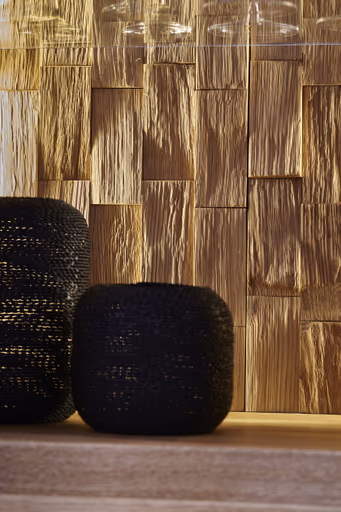 Wohnwand Bakersfield - inkl. Beleuchtung, sichtbare Rückwände mit Holzschindeln/Schubladenfront mit Schroppung, Asteiche massiv, geölt