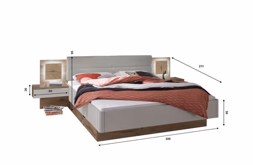 Bettanlage- Liegefläche ca. 180x200 cm, Eiche Dekor, Hellgrau, Hirnholz