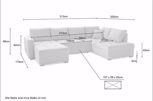 Wohnlandschaft JOSY - Longchair links mit 1,5-Sitzer und Ecke rechts inkl. Schlaffunktion mit Bettkasten, Stoff, Taupe