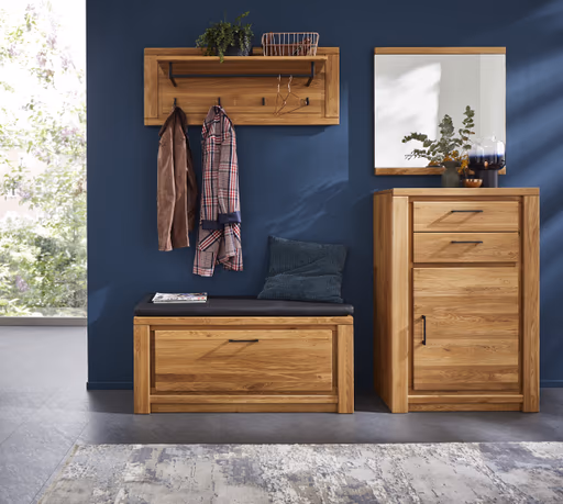 Schuhschrank Farmingdale - Eiche massiv, natur geölt mit Sitzkissen schwarz