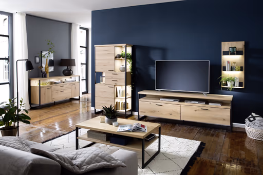 Wohnwand - mit Beleuchtung, Balkeneiche massiv