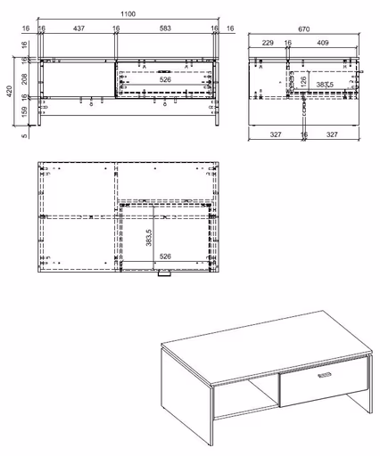 Couchtisch - LB ca. 110x67 cm, Eiche Dekor, Weiß, Hochglanz