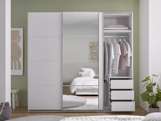 Schwebetürenschrank- B ca. 215 cm, Weiß, Spiegel