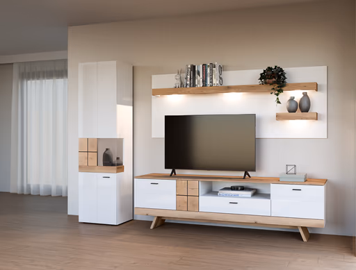 TV-Lowboard - B ca. 216 cm, Alpinweiß, Coast Evoke Eiche Nachbildung, Weiß Hochglanz