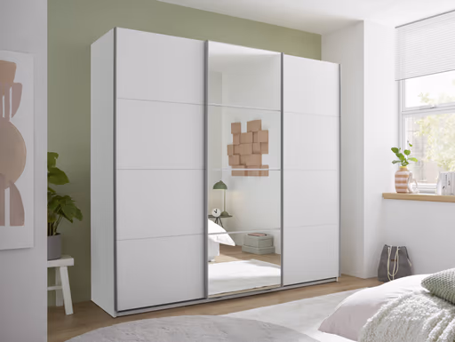 Schwebetürenschrank- B ca. 215 cm, Weiß, Spiegel