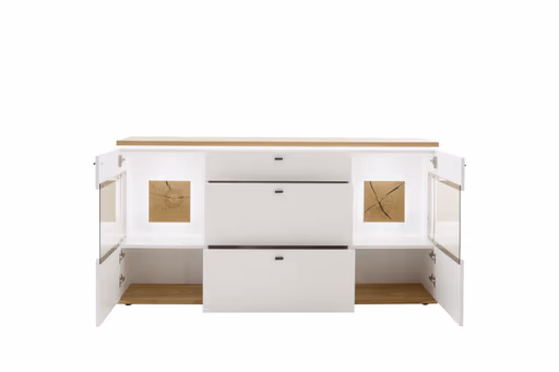 Sideboard mit Beleuchtung - Weiß, Absetzung Wildeiche Furnier