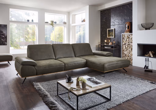 Ecksofa - 3-Sitzer mit Longchair rechts, Leder, Olive