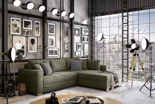 Ecksofa JAMELL - 2,5-Sitzer, Ecke rechts inkl. Schlaffunktion mit Bettkasten, Stoff, Grün