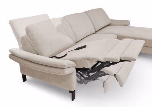 Ecksofa CALM PREMIUM 2.0 - Longchair links mit 3-Sitzer, Relaxfunktion motorisch, Armlehne verstellbar, Stoff, Sand