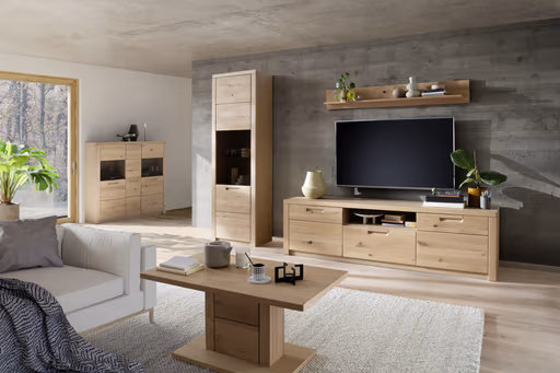 TV-Lowboard - B ca. 202 cm, Eiche Nachbildung, Eiche massiv geölt