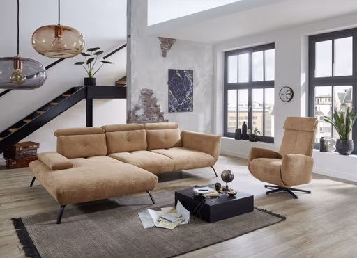 Ecksofa - Longchair links mit 3-Sitzer, Rückenlehne verstellbar, Stoff, Cognac